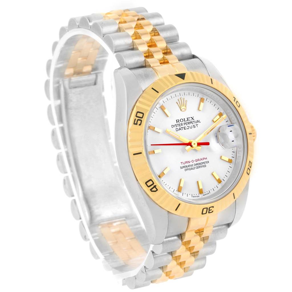 The Rolex Turn-o-Graph 116263 Men's Stainless Steel White Dial 116263 Men's Stainless Steel White Dial watch is shown at an angled view, highlighting its two-tone band and gold bezel.