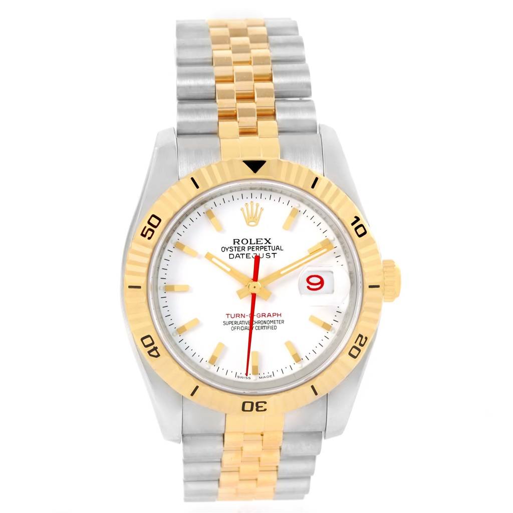 The image shows a front view of a Rolex Turn-o-Graph 116263 Men's Stainless Steel White Dial 116263 Men's Stainless Steel White Dial watch, displaying the dial, bezel, and part of the bracelet.