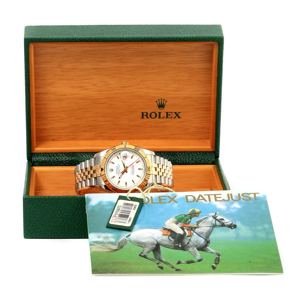 The image shows a Rolex Turn-o-Graph 116263 Men's Stainless Steel White Dial 116263 Men's Stainless Steel White Dial watch in its box with the instruction manual in front.