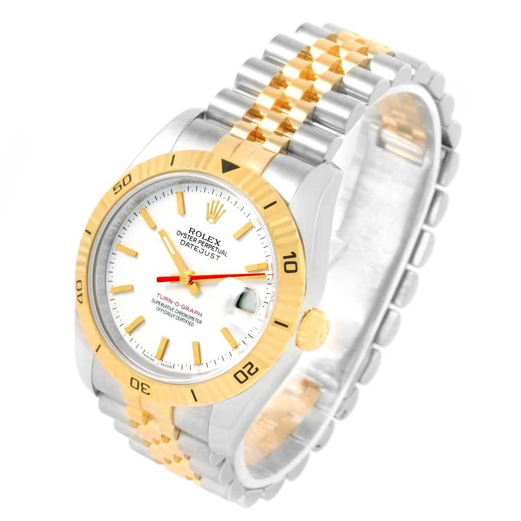The Rolex Turn-o-Graph 116263 Men's Stainless Steel White Dial 116263 Men's Stainless Steel White Dial model is shown at a slight angle, displaying its gold and silver bezel, dial, and bracelet.