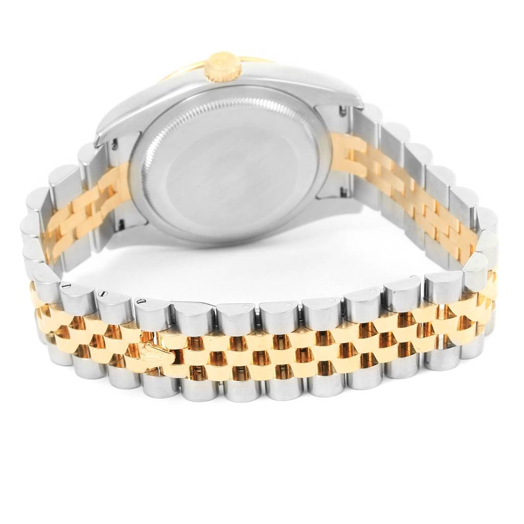 The image shows the back view of a Rolex Turn-o-Graph 116263 Men's Stainless Steel White Dial 116263 Men's Stainless Steel White Dial watch, highlighting its case back and two-tone bracelet.