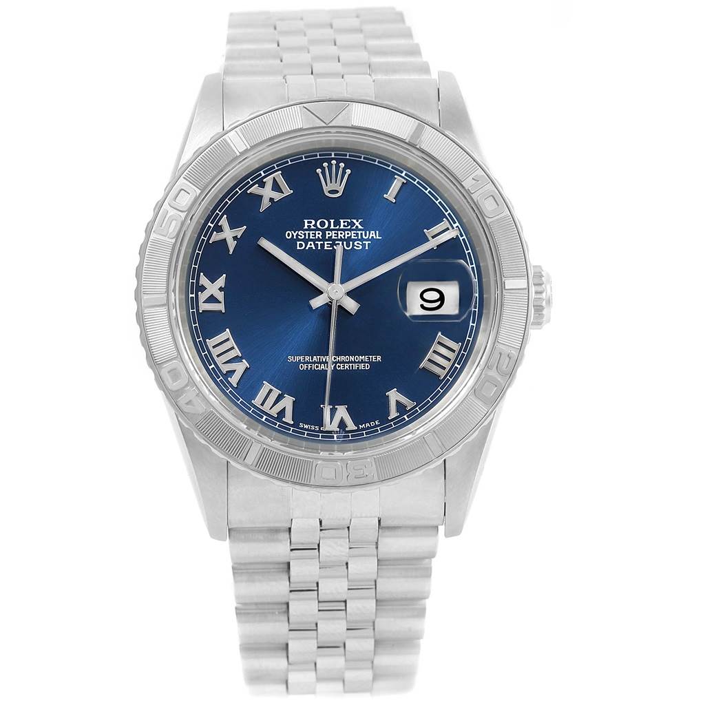 The image shows a Rolex Turn-o-Graph 16264 Men's Stainless Steel Blue Dial 16264 Men's Stainless Steel Blue Dial watch, displaying its full face, bezel, and bracelet from a front view angle.