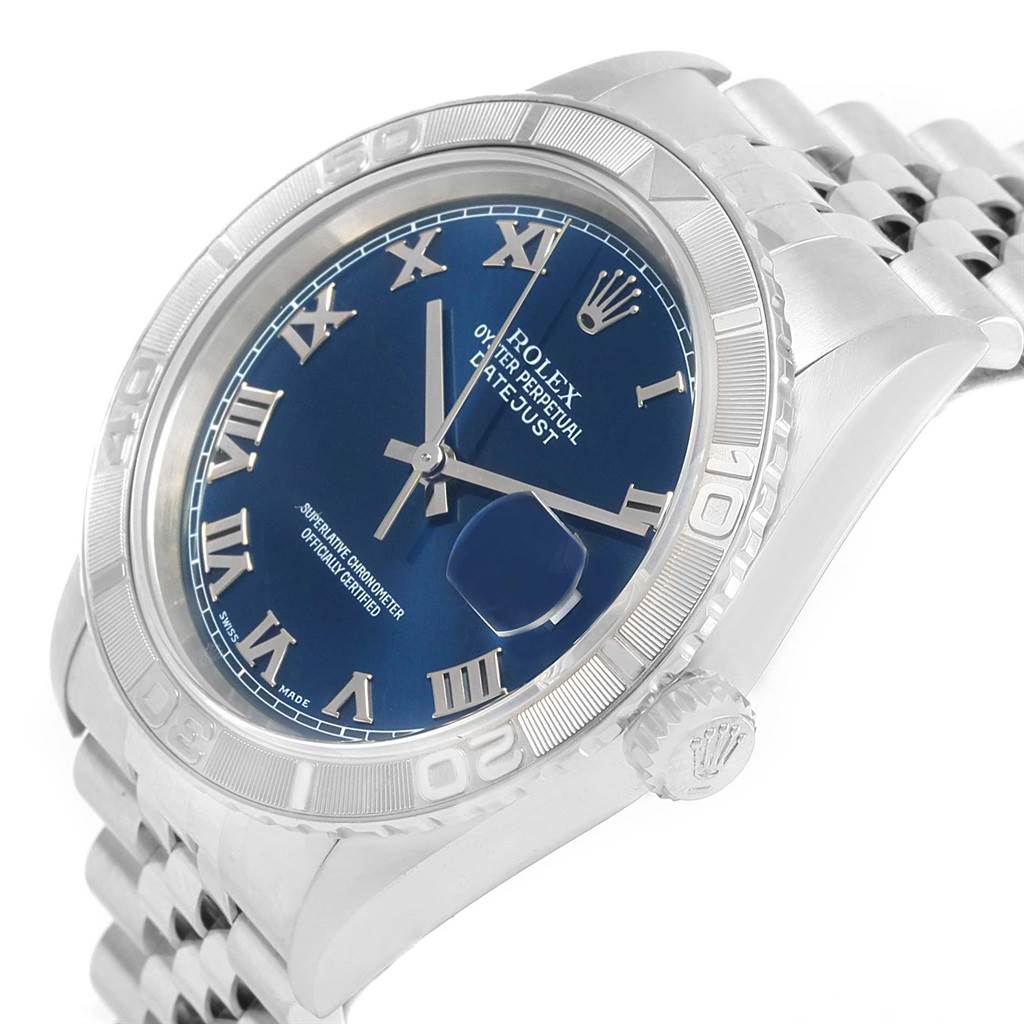 The image shows a close-up, angled view of the Rolex Turn-o-Graph 16264 Men's Stainless Steel Blue Dial 16264 Men's Stainless Steel Blue Dial watch, highlighting the bezel, dial, and bracelet.