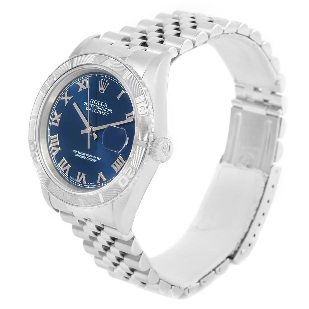 This is a three-quarter view of a Rolex Turn-o-Graph 16264 Men's Stainless Steel Blue Dial 16264 Men's Stainless Steel Blue Dial watch, showcasing the bezel, dial, bracelet, and crown.