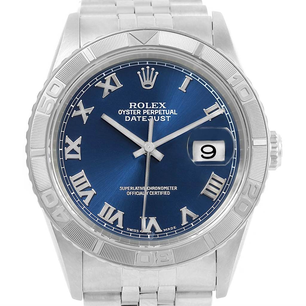 The image shows a front view of the Rolex Turn-o-Graph 16264 Men's Stainless Steel Blue Dial 16264 Men's Stainless Steel Blue Dial watch, highlighting its blue dial, date window, and stainless steel bracelet.