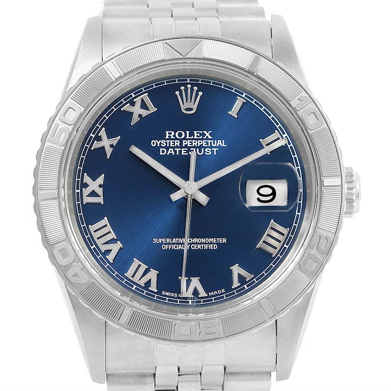 Rolex Turnograph Datejust Steel 18K White Gold Blue Dial Watch 16264 SwissWatchExpo