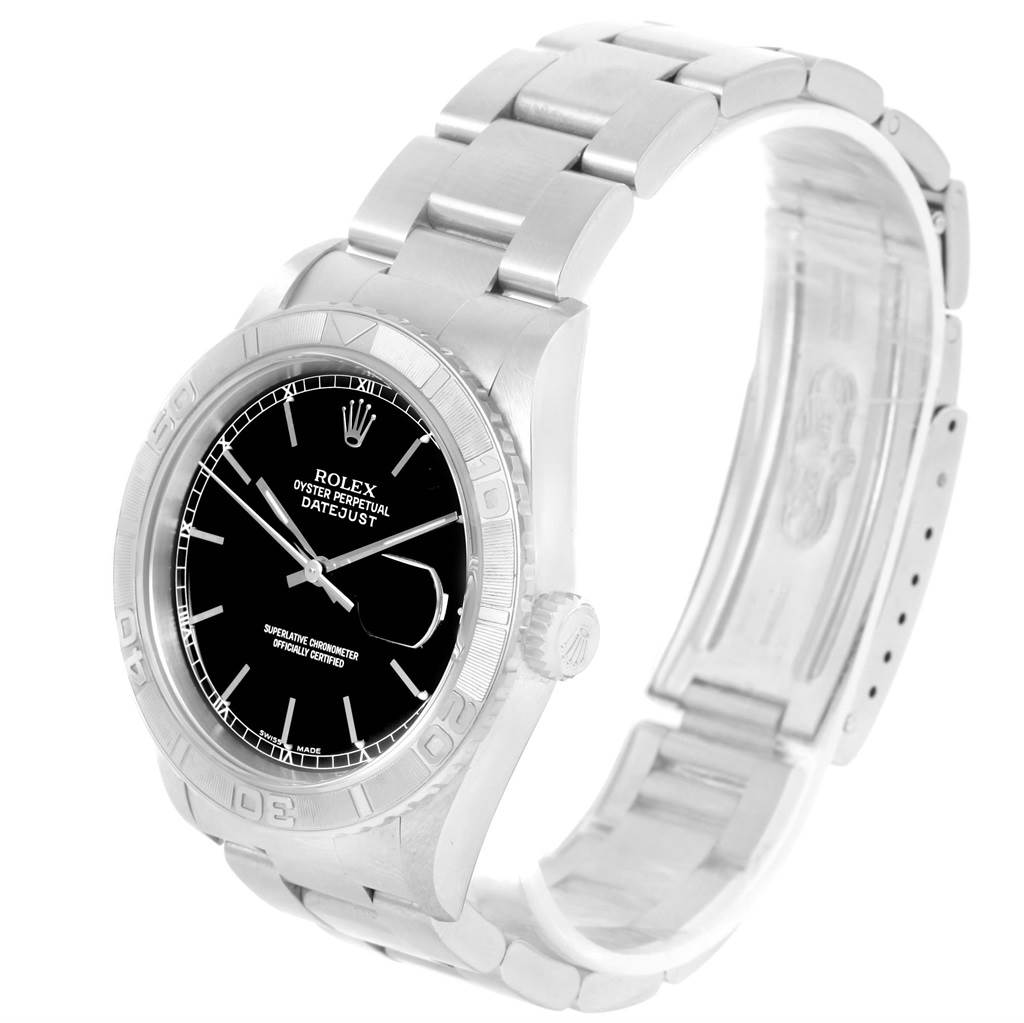 This image shows a Rolex Turn-o-Graph 16264 Men's Stainless Steel Black Dial 16264 Men's Stainless Steel Black Dial model from an angled side view, highlighting the dial, bezel, crown, and bracelet.