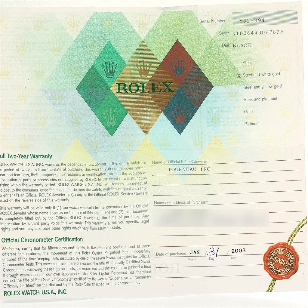 This image shows the warranty and certification document for a Rolex Turn-o-Graph 16264 Men's Stainless Steel Black Dial 16264 Men's Stainless Steel Black Dial model watch.