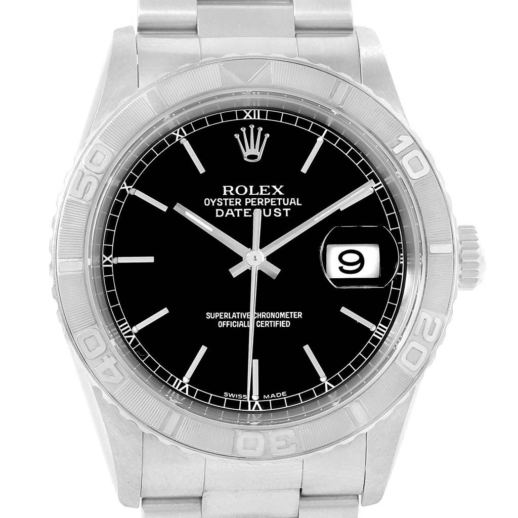 The image shows a front view of the Rolex Turn-o-Graph 16264 Men's Stainless Steel Black Dial 16264 Men's Stainless Steel Black Dial model, displaying the dial, date window, bezel, and part of the bracelet.