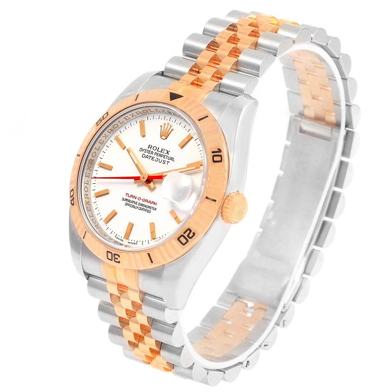 The Rolex Turn-o-Graph watch is shown at a 3/4 angle, showcasing its face, bezel, and part of its bracelet.