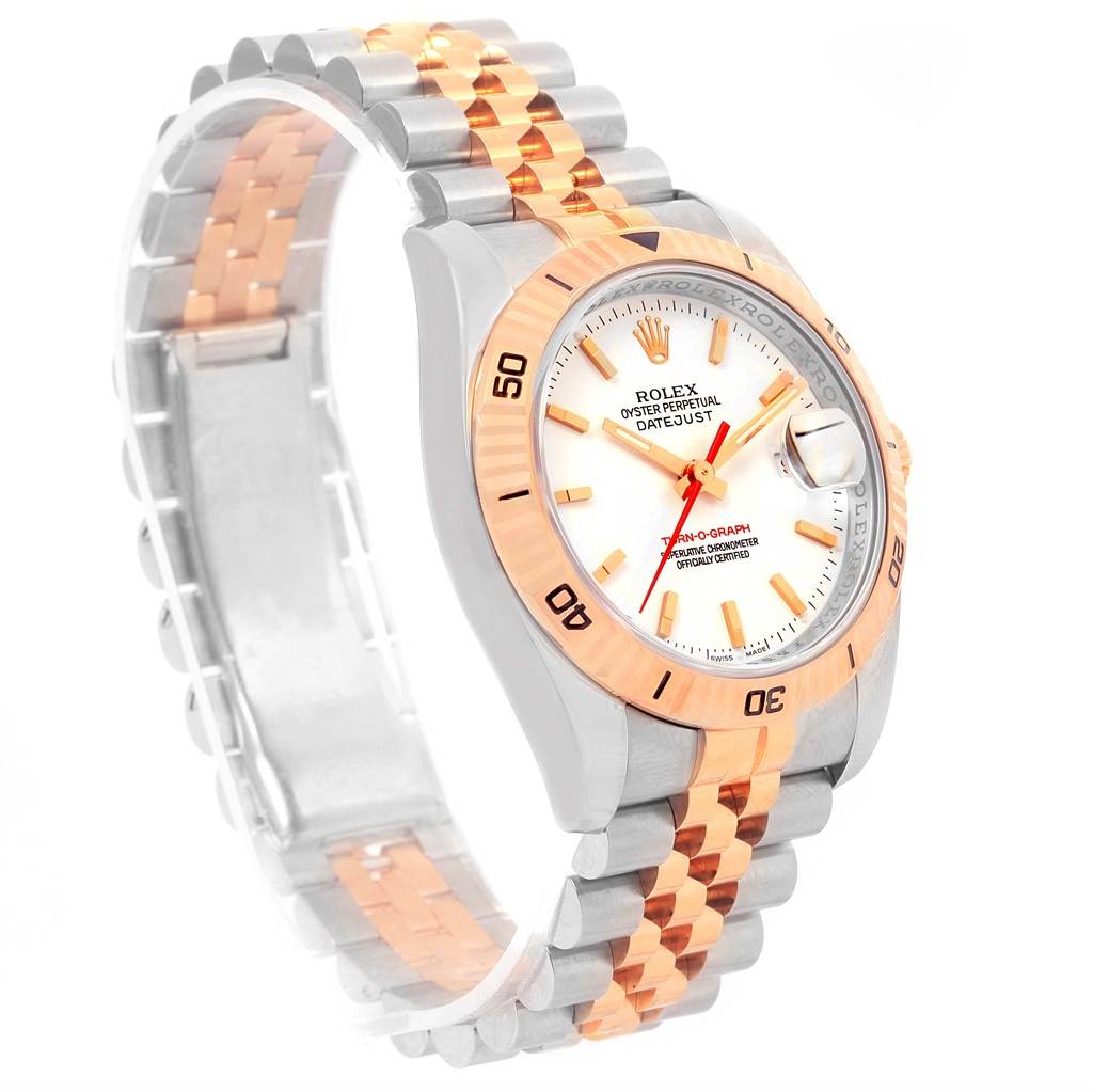 The image shows a Rolex Turn-o-Graph 116261 Men's Stainless Steel White Dial 116261 Men's Stainless Steel White Dial watch angled diagonally with a clear view of its bezel, dial, and two-tone bracelet.