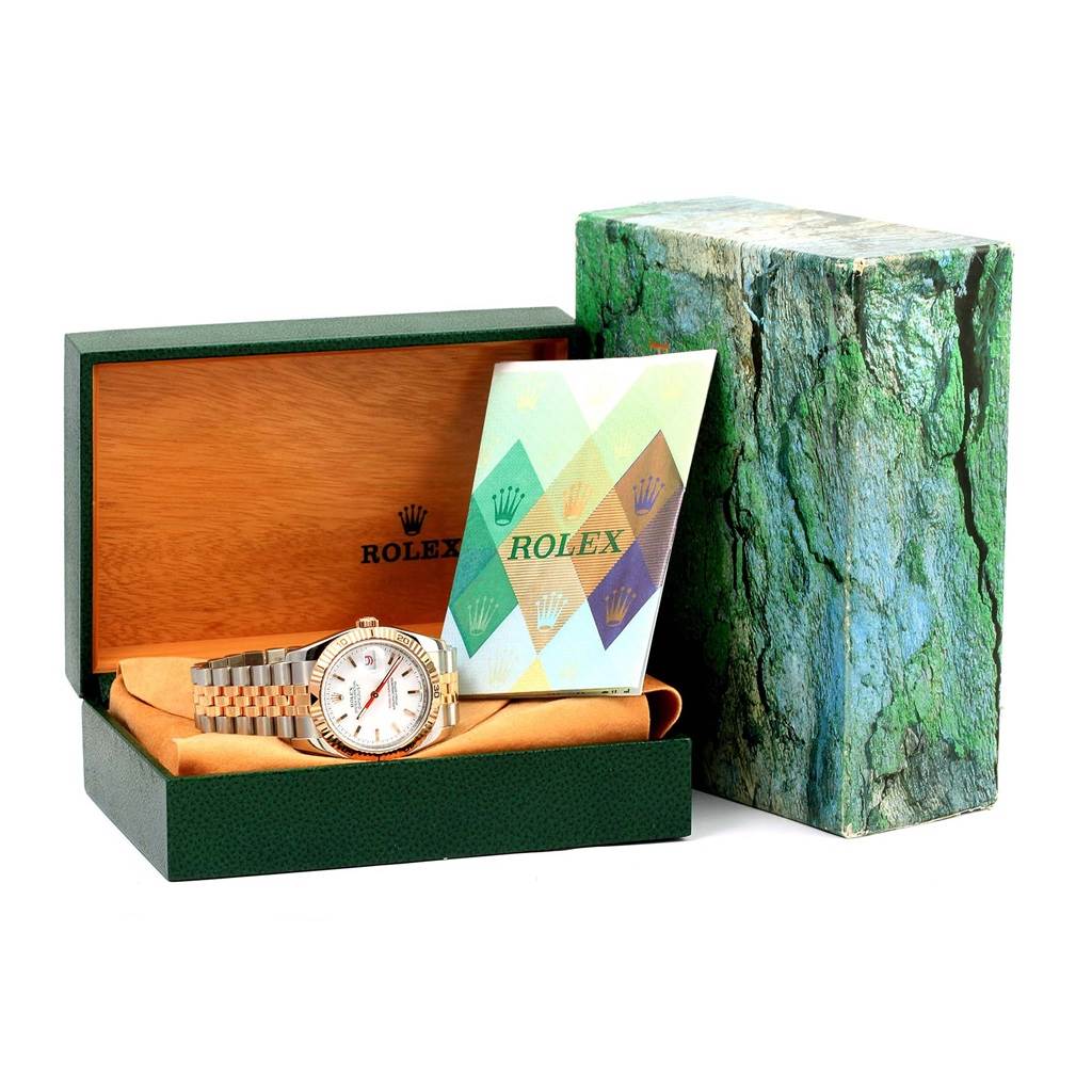 The image shows a Rolex Turn-o-Graph 116261 Men's Stainless Steel White Dial 116261 Men's Stainless Steel White Dial watch in its open box with papers and outer packaging.
