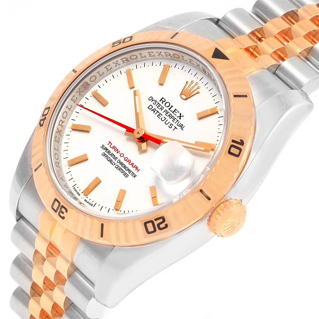 The Rolex Turn-o-Graph 116261 Men's Stainless Steel White Dial 116261 Men's Stainless Steel White Dial watch is shown from an angled top view, highlighting its bezel, dial, hands, and bracelet.