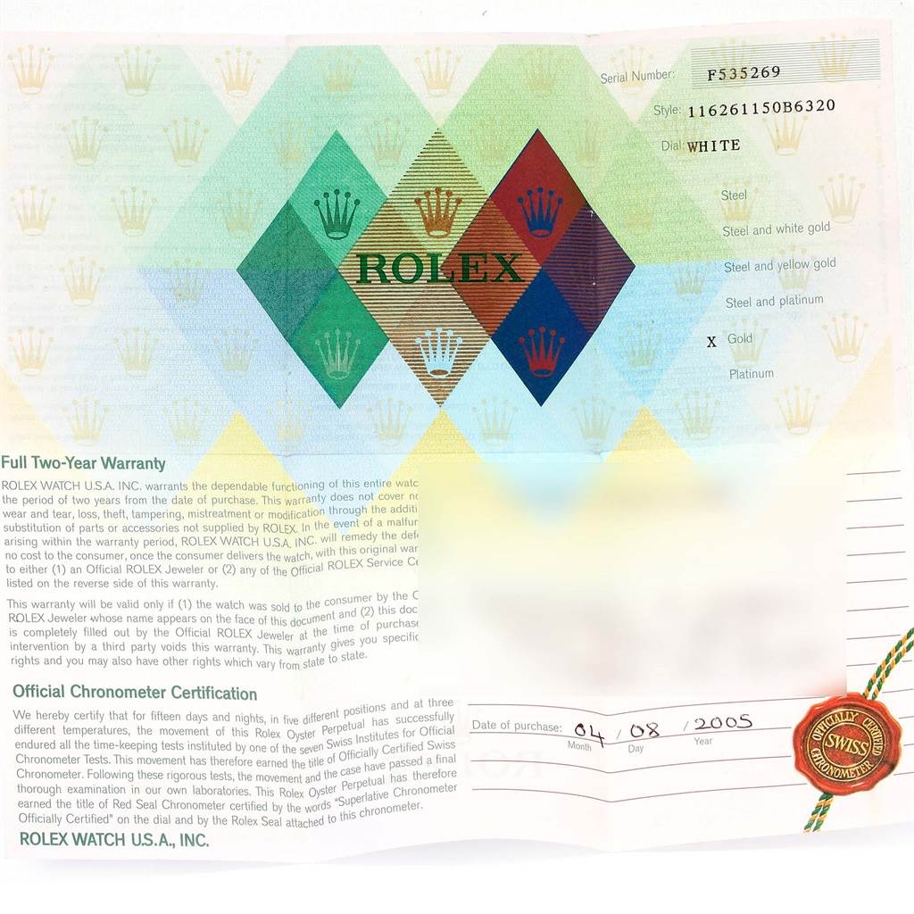 The image shows a warranty and chronometer certification card for the Rolex Turn-o-Graph 116261 Men's Stainless Steel White Dial 116261 Men's Stainless Steel White Dial model.