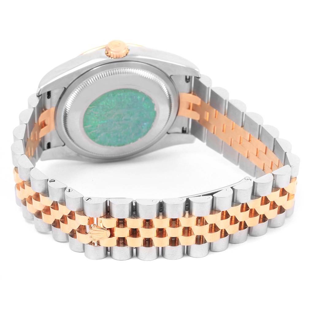 The image shows the back angle of a Rolex Turn-o-Graph 116261 Men's Stainless Steel White Dial 116261 Men's Stainless Steel White Dial watch highlighting its case back and two-tone bracelet.