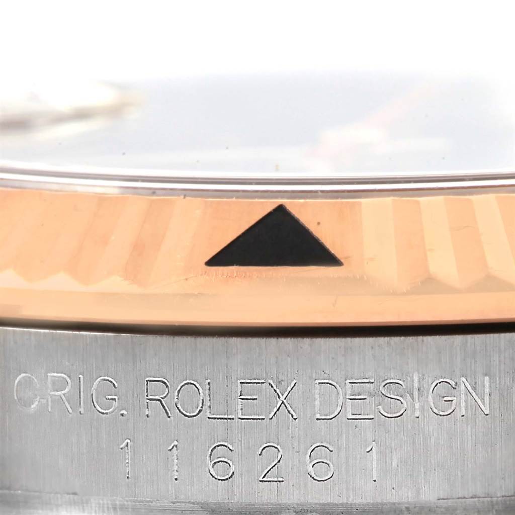 The image shows a detailed close-up of the bezel and case side of the Rolex Turn-o-Graph 116261 Men's Stainless Steel Black Dial 116261 Men's Stainless Steel Black Dial watch, focusing on the engraved model number 116261.