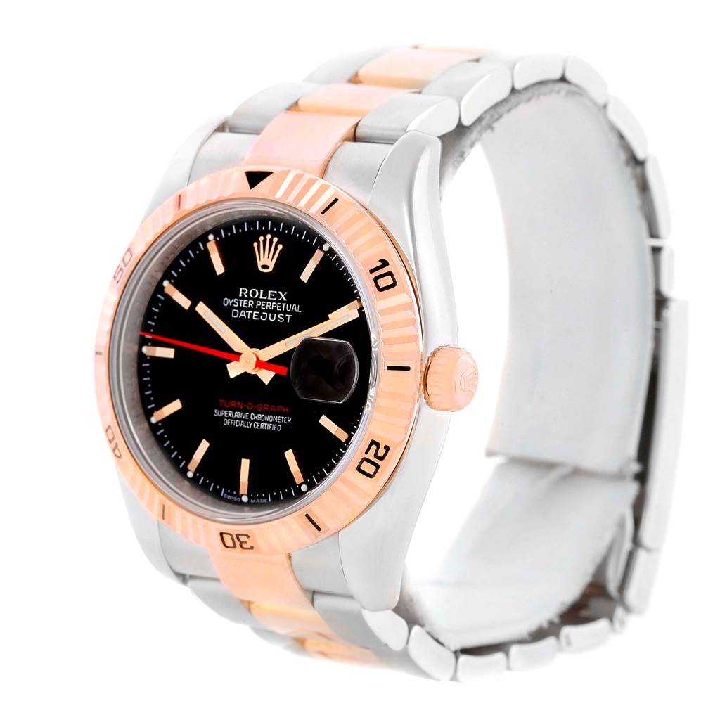 This image shows a Rolex Turn-o-Graph 116261 Men's Stainless Steel Black Dial 116261 Men's Stainless Steel Black Dial watch at a three-quarter angle, highlighting its dial, bezel, crown, and two-tone bracelet.