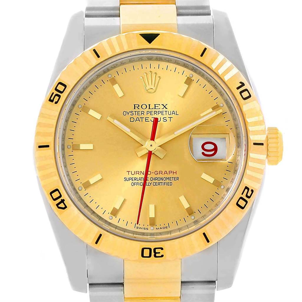 The Rolex Turn-o-Graph 116263 Men
s Stainless Steel Champagne Dial 116263 Men
s Stainless Steel Champagne Dial watch is shown from a front angle, displaying its dial, bezel, hands, crown, and part of the bracelet.
