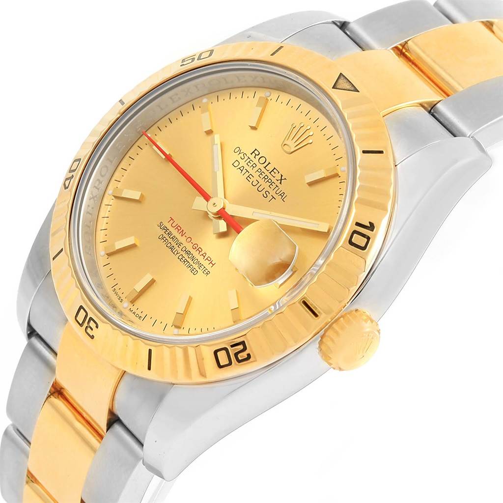 This image shows a side and slightly angled top view of the Rolex Turn-o-Graph 116263 Men
s Stainless Steel Champagne Dial 116263 Men
s Stainless Steel Champagne Dial watch, highlighting its bezel, dial, and bracelet.
