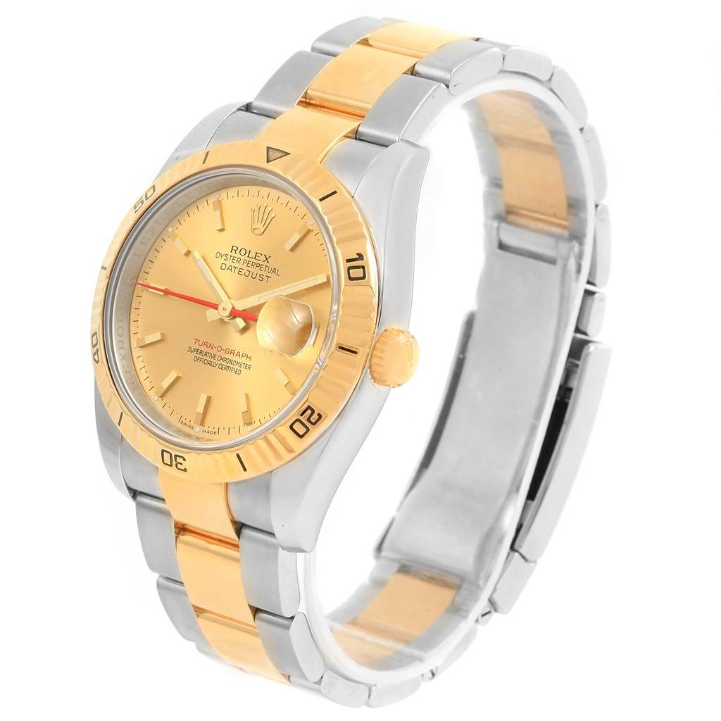 The image shows a Rolex Turn-o-Graph 116263 Men
s Stainless Steel Champagne Dial 116263 Men
s Stainless Steel Champagne Dial model watch from an oblique angle, highlighting the face, bezel, and two-tone bracelet.