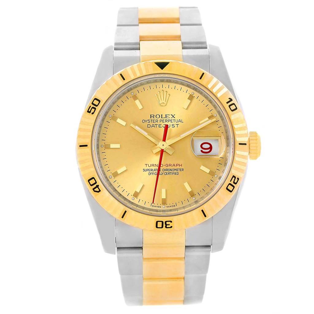 This image shows the Rolex Turn-o-Graph 116263 Men
s Stainless Steel Champagne Dial 116263 Men
s Stainless Steel Champagne Dial watch, displaying its face, bezel, crown, and part of its two-tone bracelet.