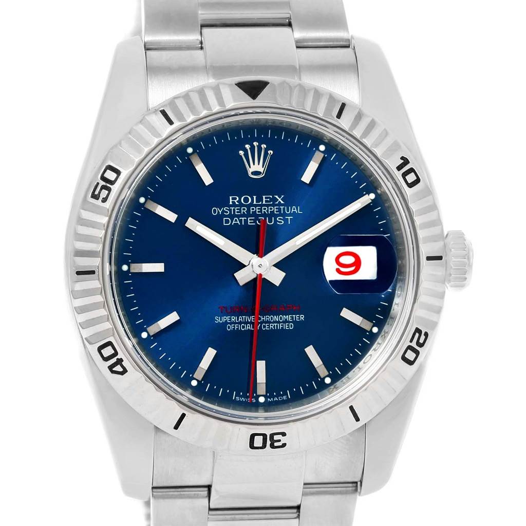 The image shows a front view of a Rolex Turn-o-Graph 116264 Men's Stainless Steel Blue Dial 116264 Men's Stainless Steel Blue Dial watch, highlighting its blue dial, bezel, and bracelet.