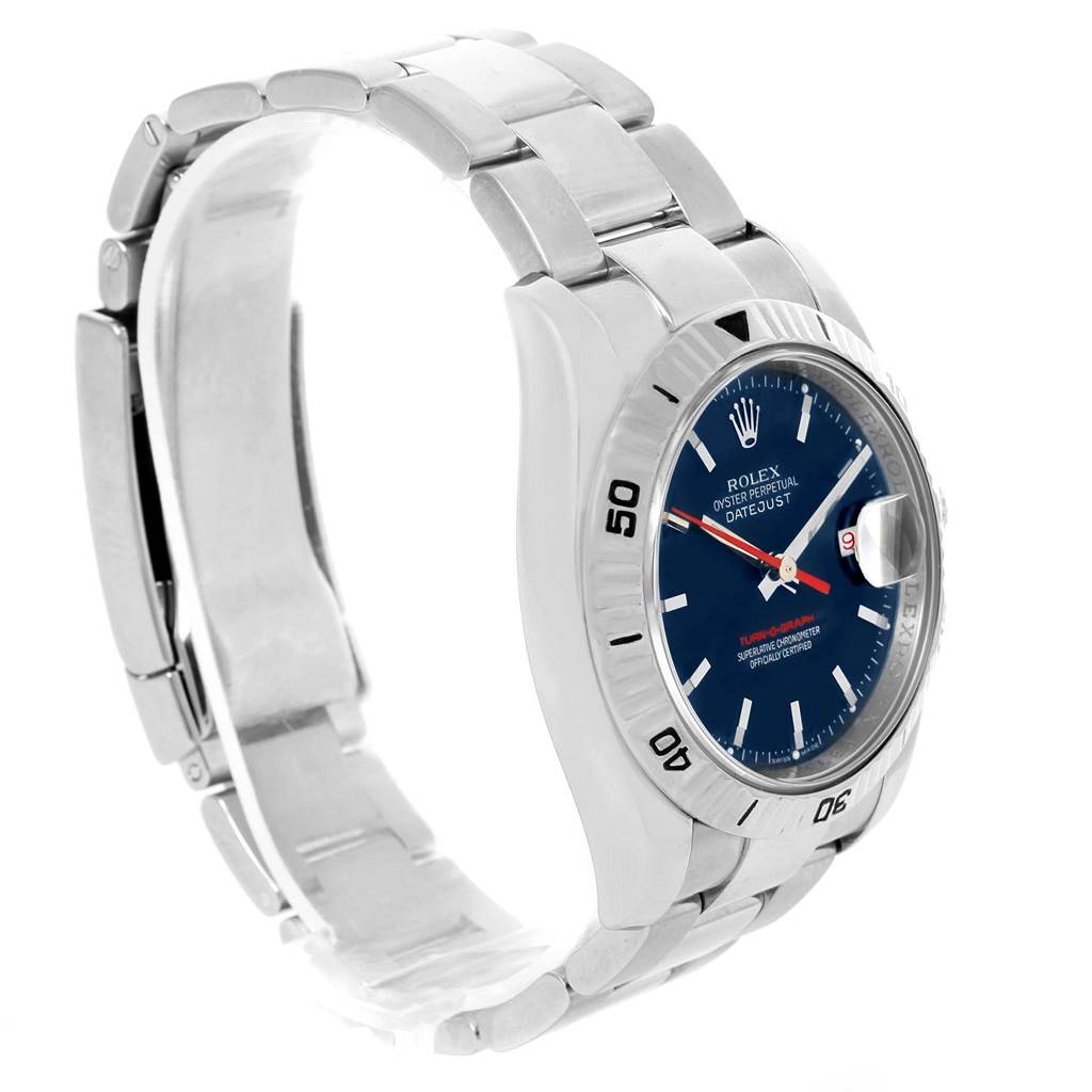 The image shows a side angle of a Rolex Turn-o-Graph 116264 Men's Stainless Steel Blue Dial 116264 Men's Stainless Steel Blue Dial watch, highlighting the bracelet, bezel, and dial.