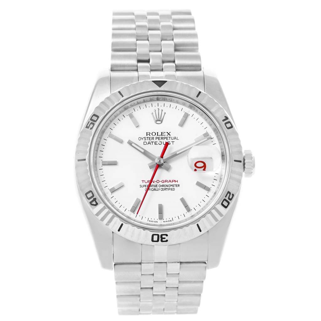 The image shows a front view of the Rolex Turn-o-Graph 116264 Men
s Stainless Steel White Dial 116264 Men
s Stainless Steel White Dial watch, detailing the face, bezel, and bracelet.