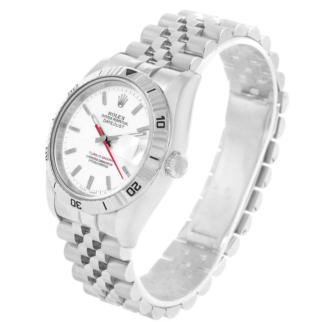 This image shows a front-side view of the Rolex Turn-o-Graph 116264 Men
s Stainless Steel White Dial 116264 Men
s Stainless Steel White Dial watch, highlighting the dial, bezel, bracelet, and crown.