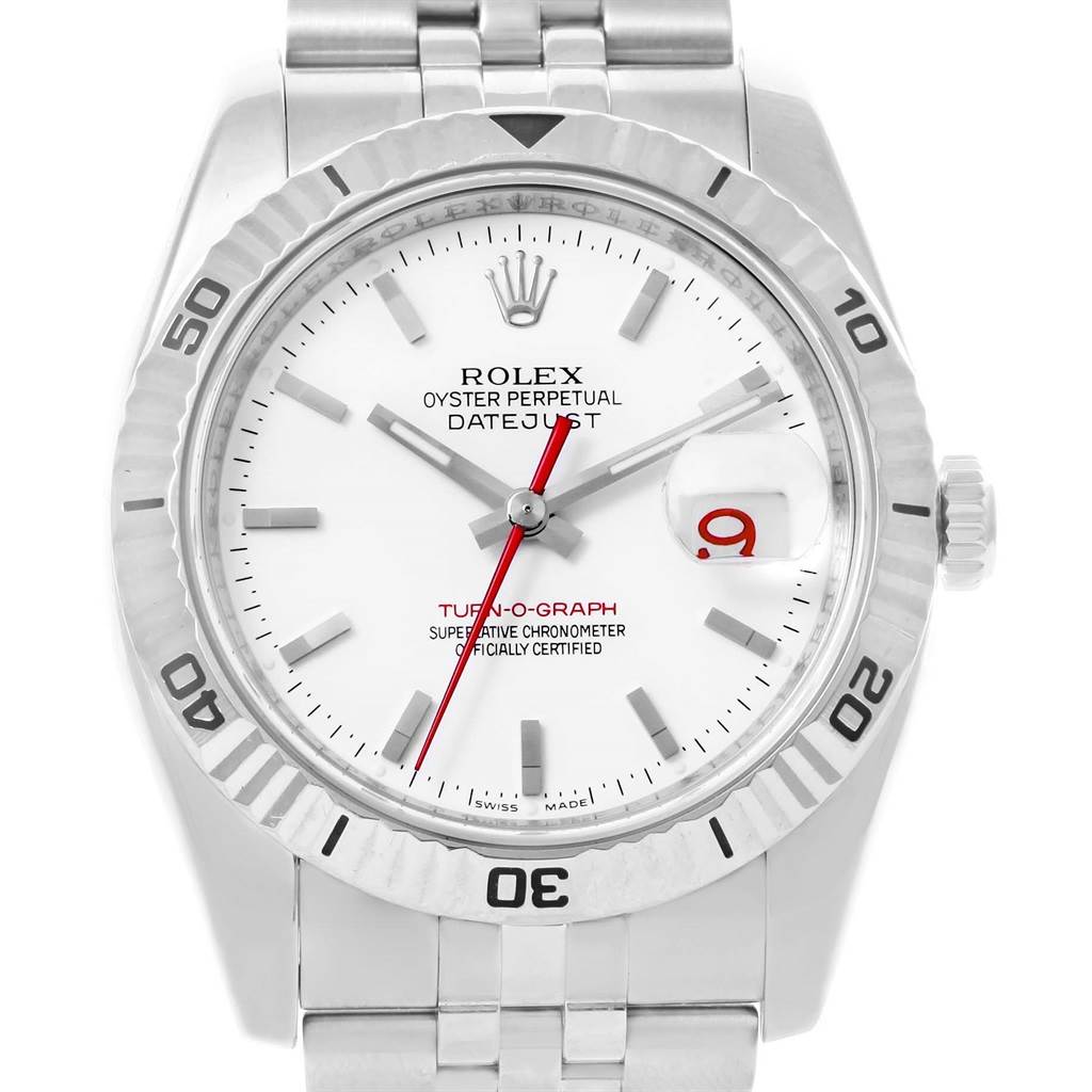 The image shows a frontal view of the Rolex Turn-o-Graph 116264 Men
s Stainless Steel White Dial 116264 Men
s Stainless Steel White Dial watch, highlighting the dial, bezel, and part of the bracelet.