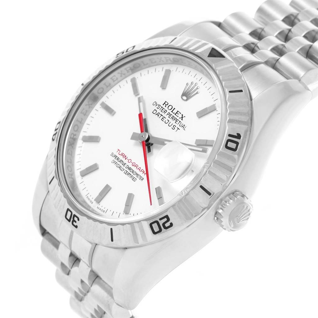 This Rolex Turn-o-Graph 116264 Men
s Stainless Steel White Dial 116264 Men
s Stainless Steel White Dial watch is shown from an angled side view, displaying the face, bezel, crown, and part of the bracelet.