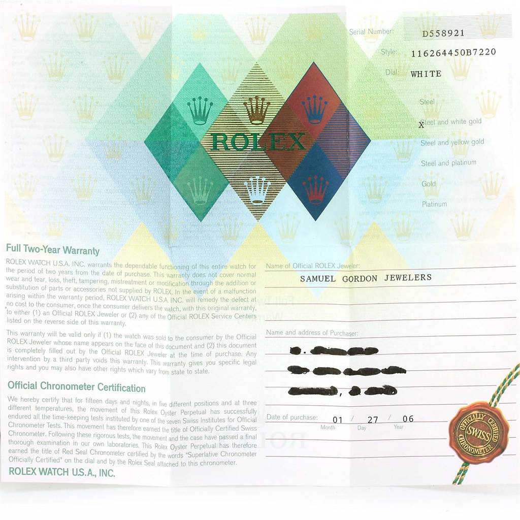 This image shows a warranty and chronometer certification document for a Rolex Turn-o-Graph 116264 Men
s Stainless Steel White Dial 116264 Men
s Stainless Steel White Dial watch, displaying the brand name and various details.