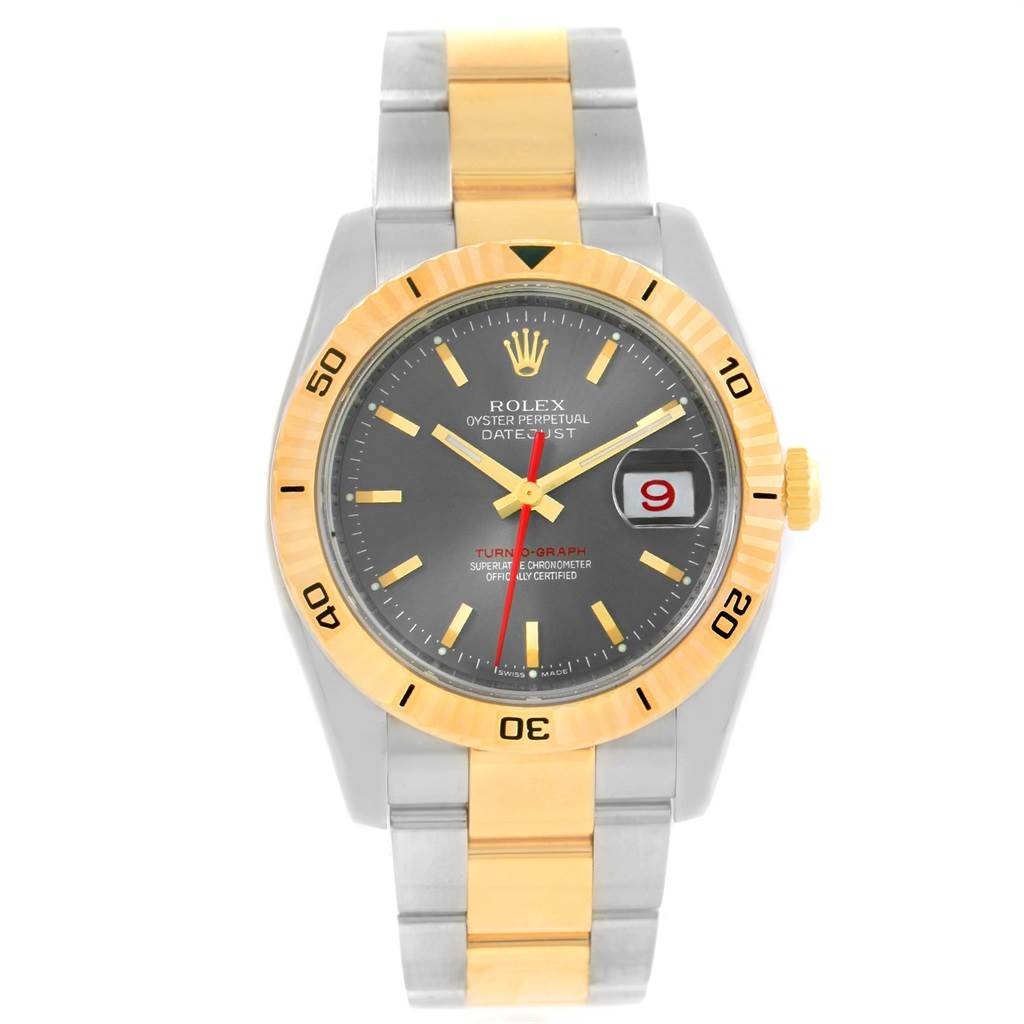 This image shows a front view of the Rolex Turn-o-Graph 116263 Men's Steel and Gold (two tone) Grey Dial 116263 Men's Steel and Gold (two tone) Grey Dial watch, displaying the face, bezel, case, crown, and bracelet.