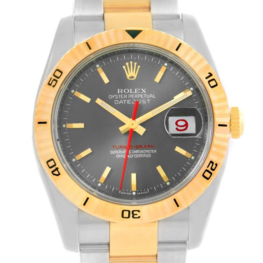This image is a front view of a Rolex Turn-o-Graph 116263 Men's Steel and Gold (two tone) Grey Dial 116263 Men's Steel and Gold (two tone) Grey Dial watch, showing the dial, hands, date magnifier, and two-tone bezel and bracelet.