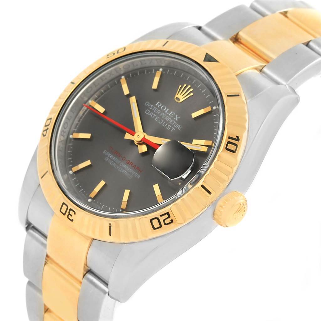 The image shows a close-up view of the Rolex Turn-o-Graph 116263 Men's Steel and Gold (two tone) Grey Dial 116263 Men's Steel and Gold (two tone) Grey Dial watch, highlighting its dial, bezel, and bracelet.