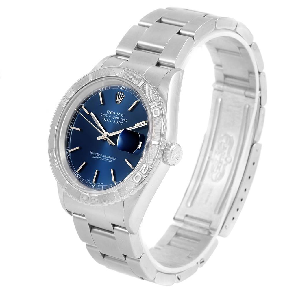 The image shows a Rolex Turn-o-Graph 16264 Men's Stainless Steel Blue Dial 16264 Men's Stainless Steel Blue Dial watch from an angled front view, displaying its blue dial, bezel, crown, and stainless steel bracelet.