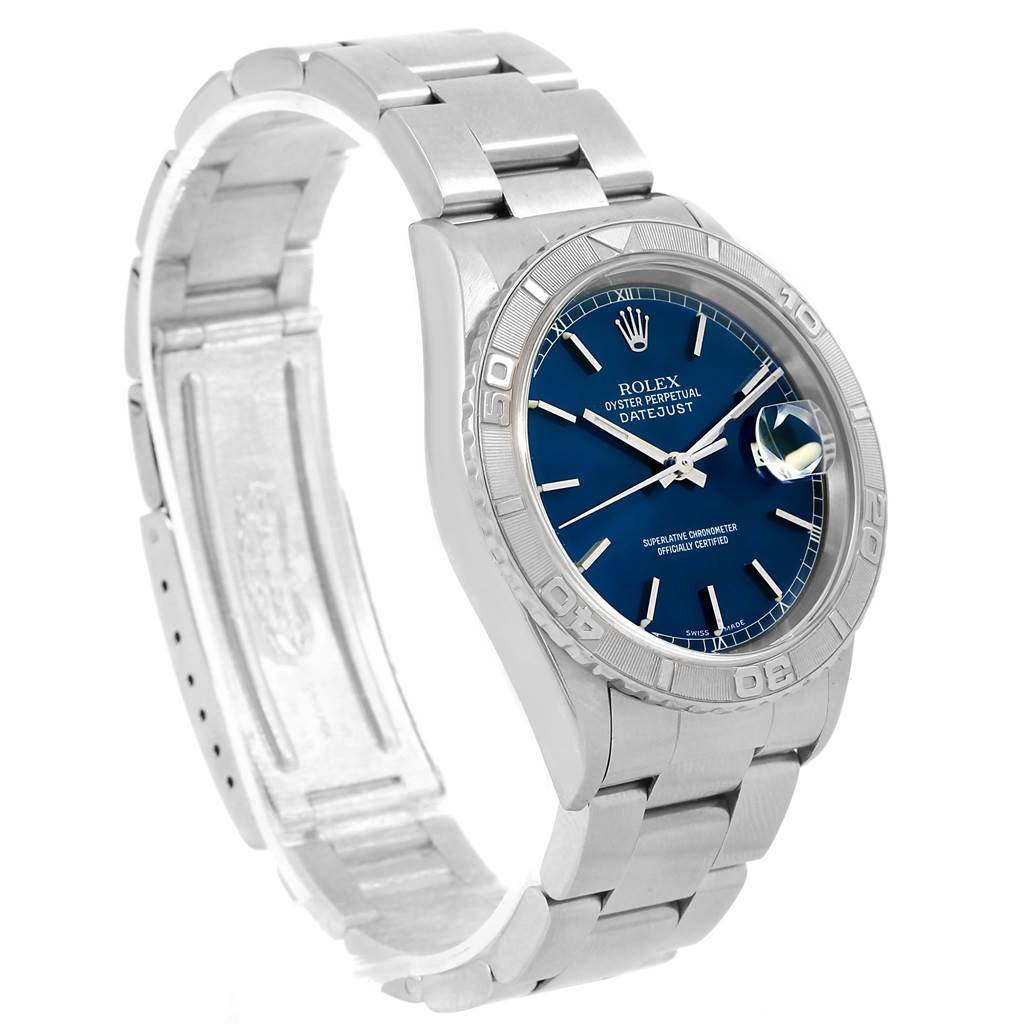 This image shows a side view of the Rolex Turn-o-Graph 16264 Men's Stainless Steel Blue Dial 16264 Men's Stainless Steel Blue Dial model, highlighting its bezel, dial, and bracelet.