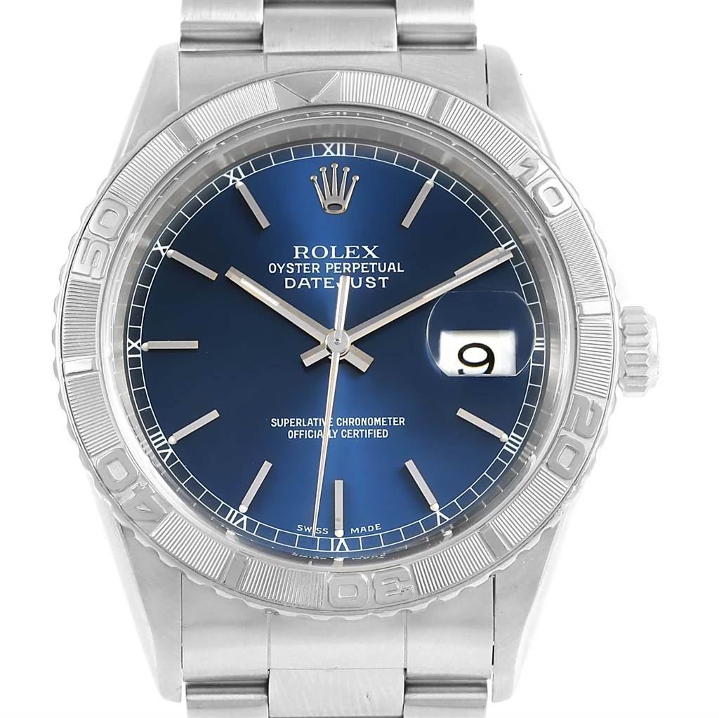 This image shows a front view of a Rolex Turn-o-Graph 16264 Men's Stainless Steel Blue Dial 16264 Men's Stainless Steel Blue Dial watch, highlighting its blue dial, bezel, and date window.