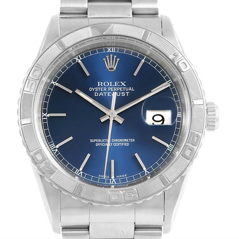 Rolex Turnograph Datejust Steel White Gold Blue Baton Dial Watch 16264 SwissWatchExpo