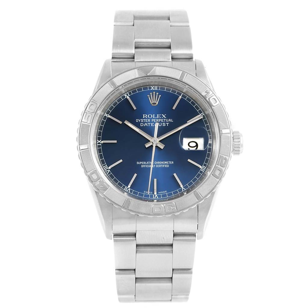 The image shows a frontal view of a Rolex Turn-o-Graph 16264 Men's Stainless Steel Blue Dial 16264 Men's Stainless Steel Blue Dial watch, displaying its blue dial, hands, bezel, date window, and bracelet.