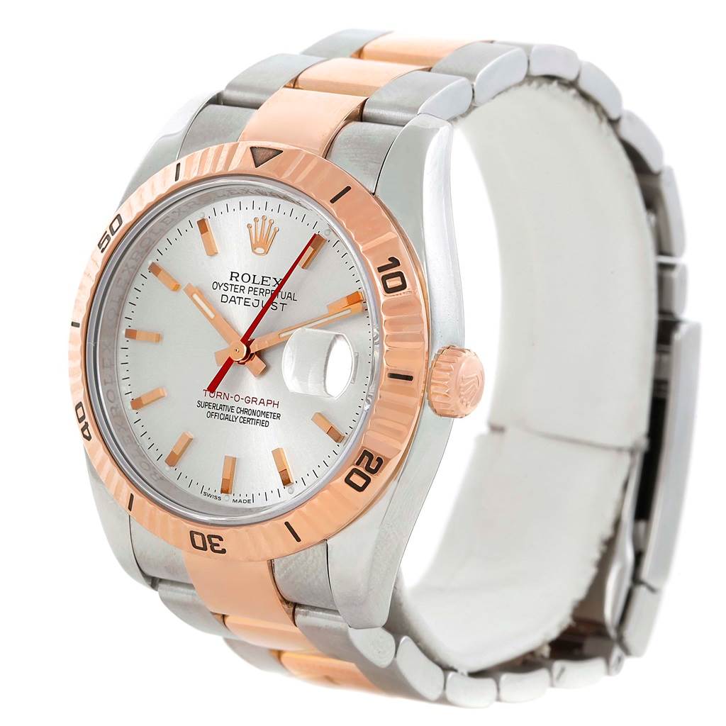 The image shows a Rolex Turn-o-Graph 116261 Men's Stainless Steel Silver Dial 116261 Men's Stainless Steel Silver Dial watch from a front angle, highlighting its face, bezel, and two-tone bracelet.