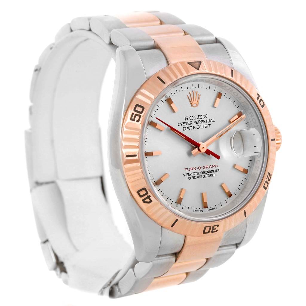 The Rolex Turn-o-Graph 116261 Men's Stainless Steel Silver Dial 116261 Men's Stainless Steel Silver Dial watch is shown at a three-quarter angle, highlighting the dial, bezel, and bracelet.