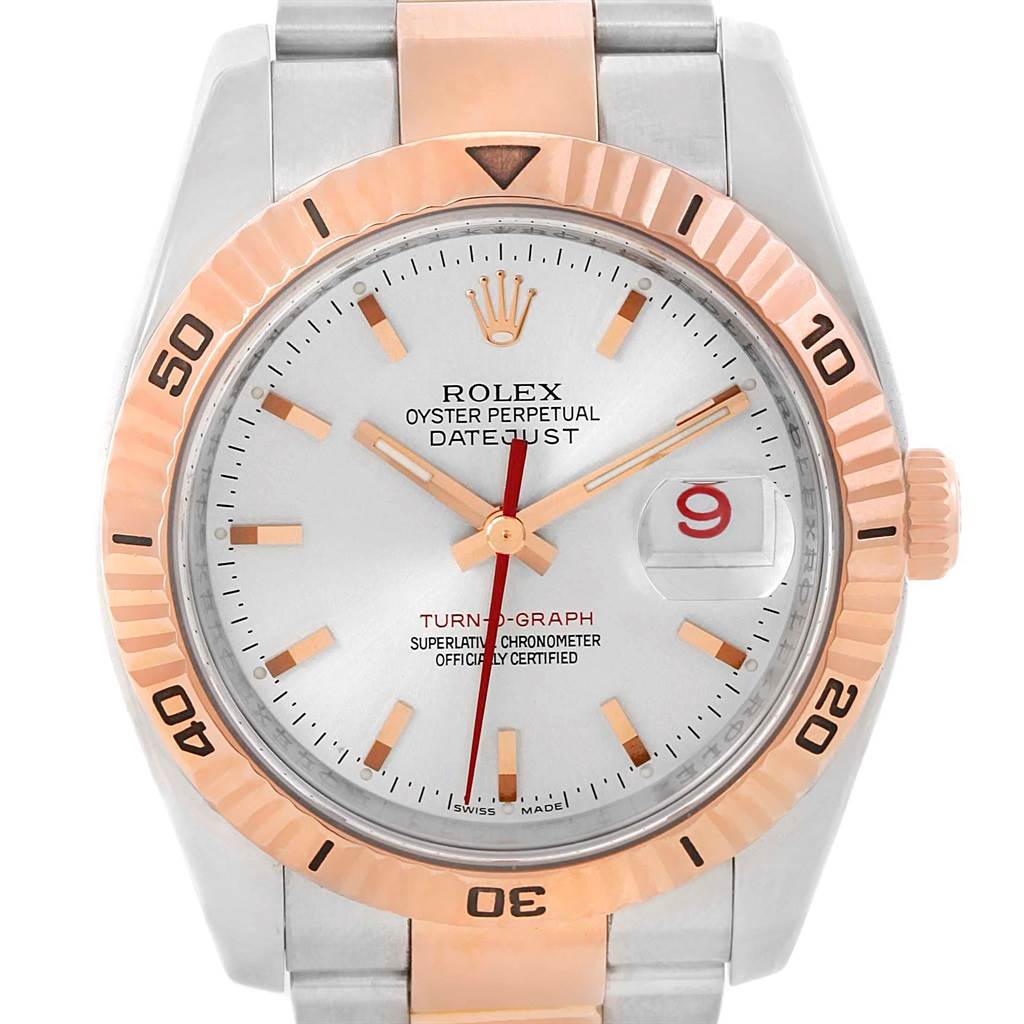 The image shows the front view of a Rolex Turn-o-Graph 116261 Men's Stainless Steel Silver Dial 116261 Men's Stainless Steel Silver Dial watch, displaying its face, bezel, and part of the bracelet.