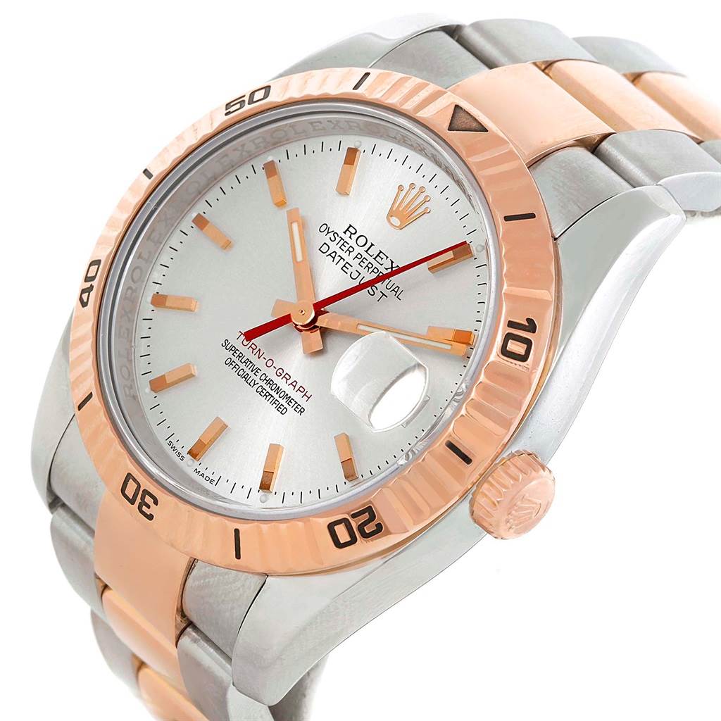 This image shows a Rolex Turn-o-Graph 116261 Men's Stainless Steel Silver Dial 116261 Men's Stainless Steel Silver Dial watch from an angled view, highlighting the dial, bezel, crown, and part of the bracelet.