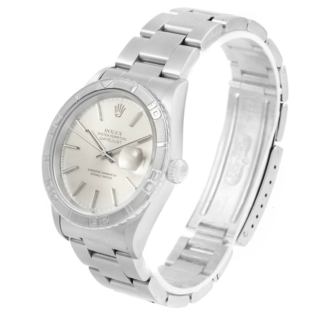 The image displays the Rolex Turn-o-Graph 16264 Men's Stainless Steel Silver Dial 16264 Men's Stainless Steel Silver Dial watch at a three-quarter angle, highlighting the face, bezel, and bracelet.