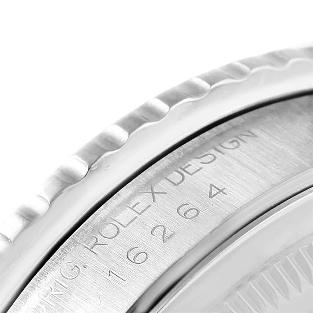 This close-up image shows the side bezel and part of the casing with the engraved model number of the Rolex Turn-o-Graph 16264 Men's Stainless Steel Silver Dial 16264 Men's Stainless Steel Silver Dial watch.