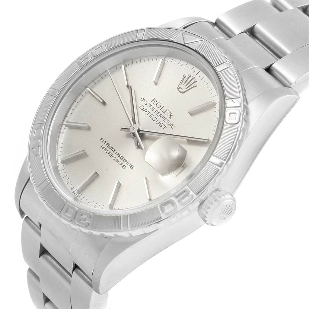 This image shows a three-quarter view of the Rolex Turn-o-Graph 16264 Men's Stainless Steel Silver Dial 16264 Men's Stainless Steel Silver Dial watch, highlighting the dial, bezel, crown, and part of the bracelet.