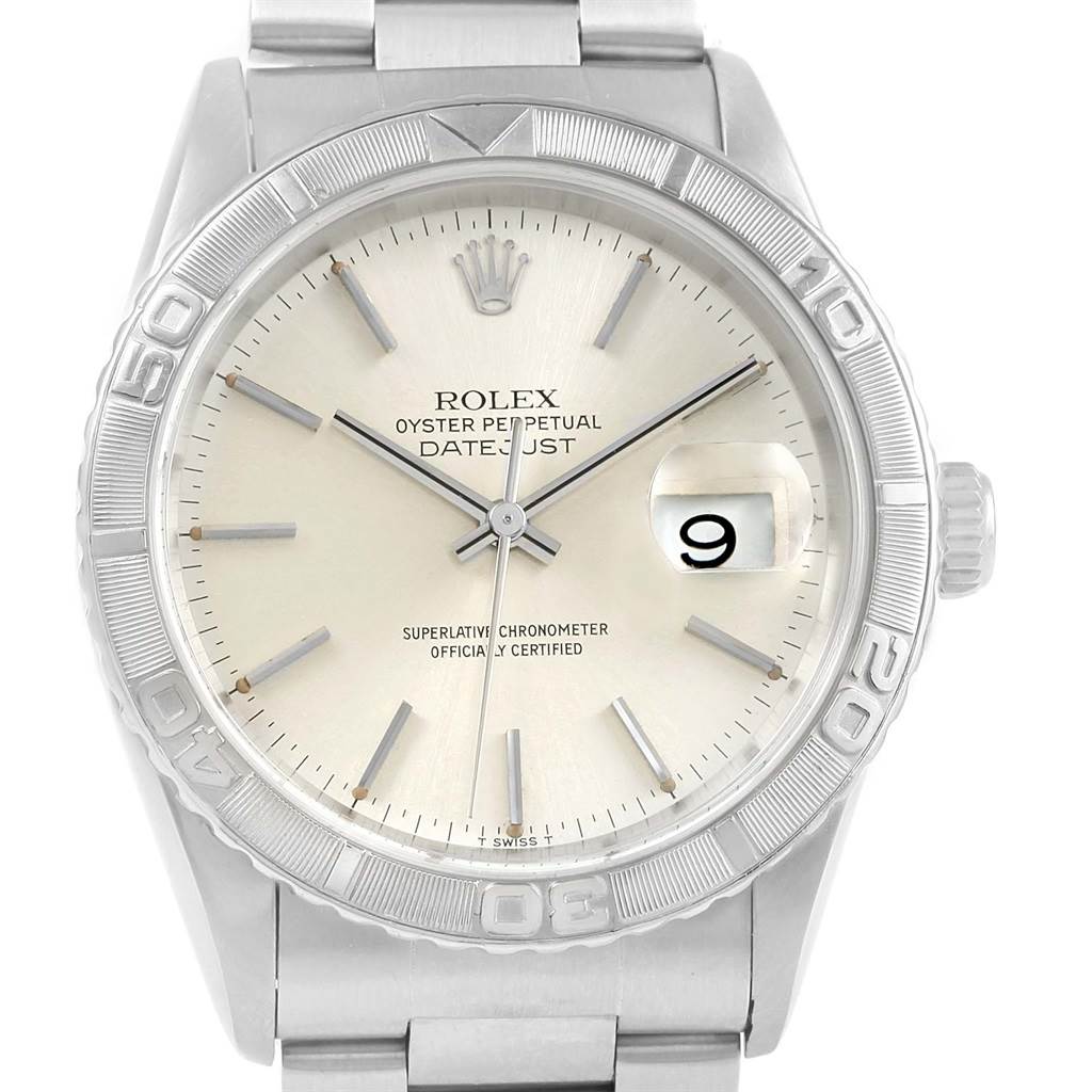 This image shows a front view of a Rolex Turn-o-Graph 16264 Men's Stainless Steel Silver Dial 16264 Men's Stainless Steel Silver Dial model watch including the dial, bezel, crown, and part of the bracelet.
