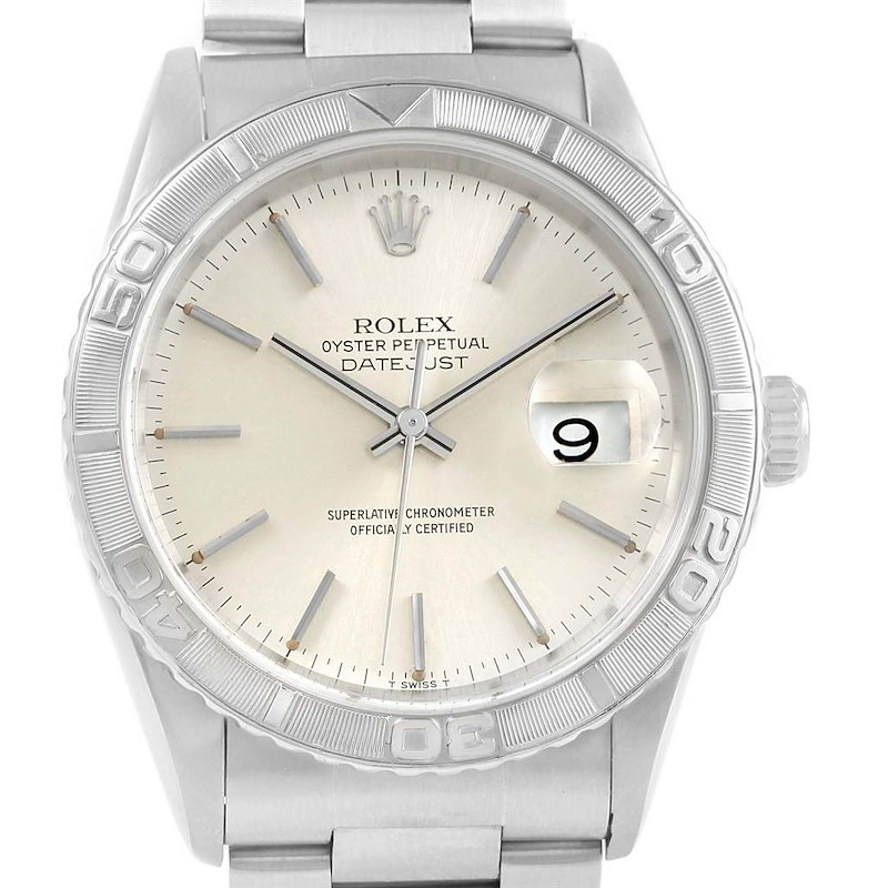 Rolex Turnograph Datejust Steel White Gold Silver Baton Dial Watch 16264 SwissWatchExpo