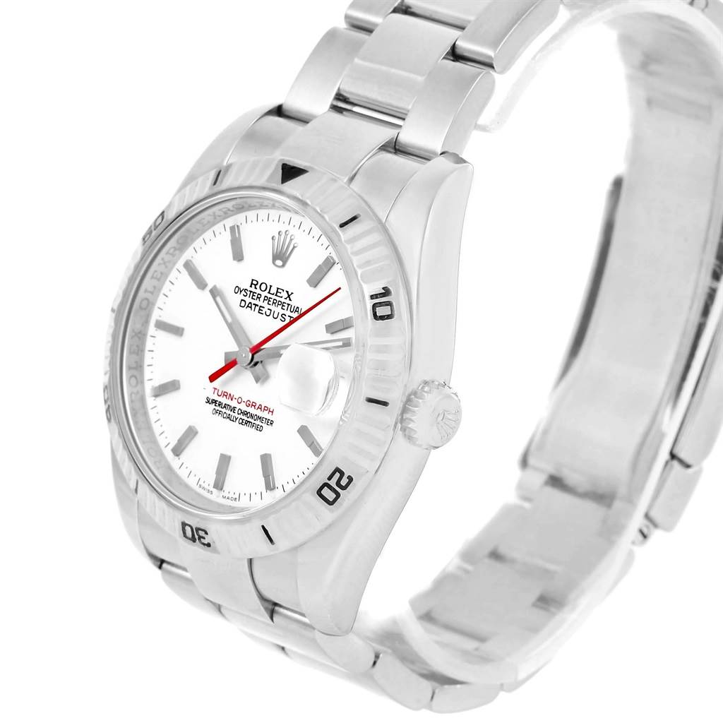 The image shows a Rolex Turn-o-Graph 116264 Men
s Stainless Steel White Dial 116264 Men
s Stainless Steel White Dial watch from an angled side view, highlighting its face, bezel, and part of the bracelet.